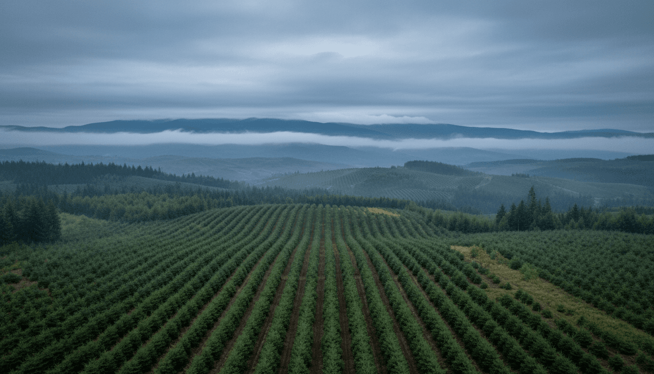 Luftaufnahme eines Waldgebiets mit markierten Grenzen und Windkraftanlagen am Horizont