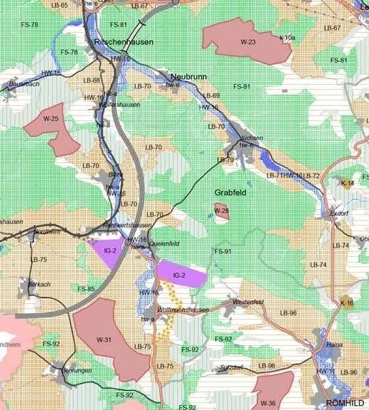 Detaillierte Landnutzungskarte der Region Grabfeld mit farbigen Zonen für Industrie, Wald, Siedlungen und Verkehrswege.