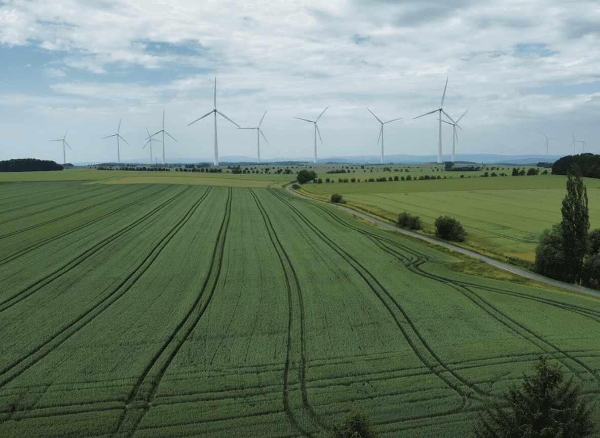 Weite grüne Felder mit Traktorspuren und zahlreichen Windkraftanlagen am Horizont unter bewölktem Himmel.
